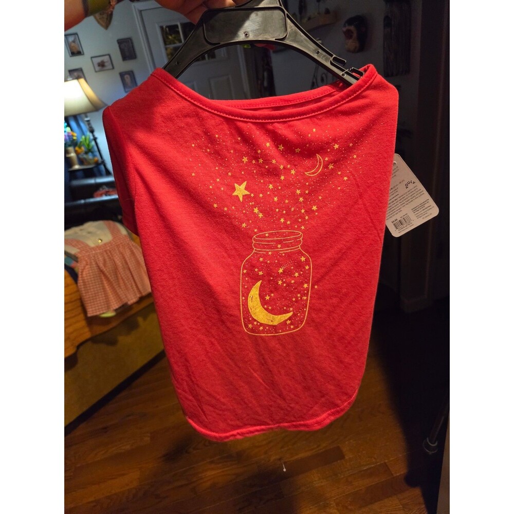 Red dog t-shirt with moon and stars design